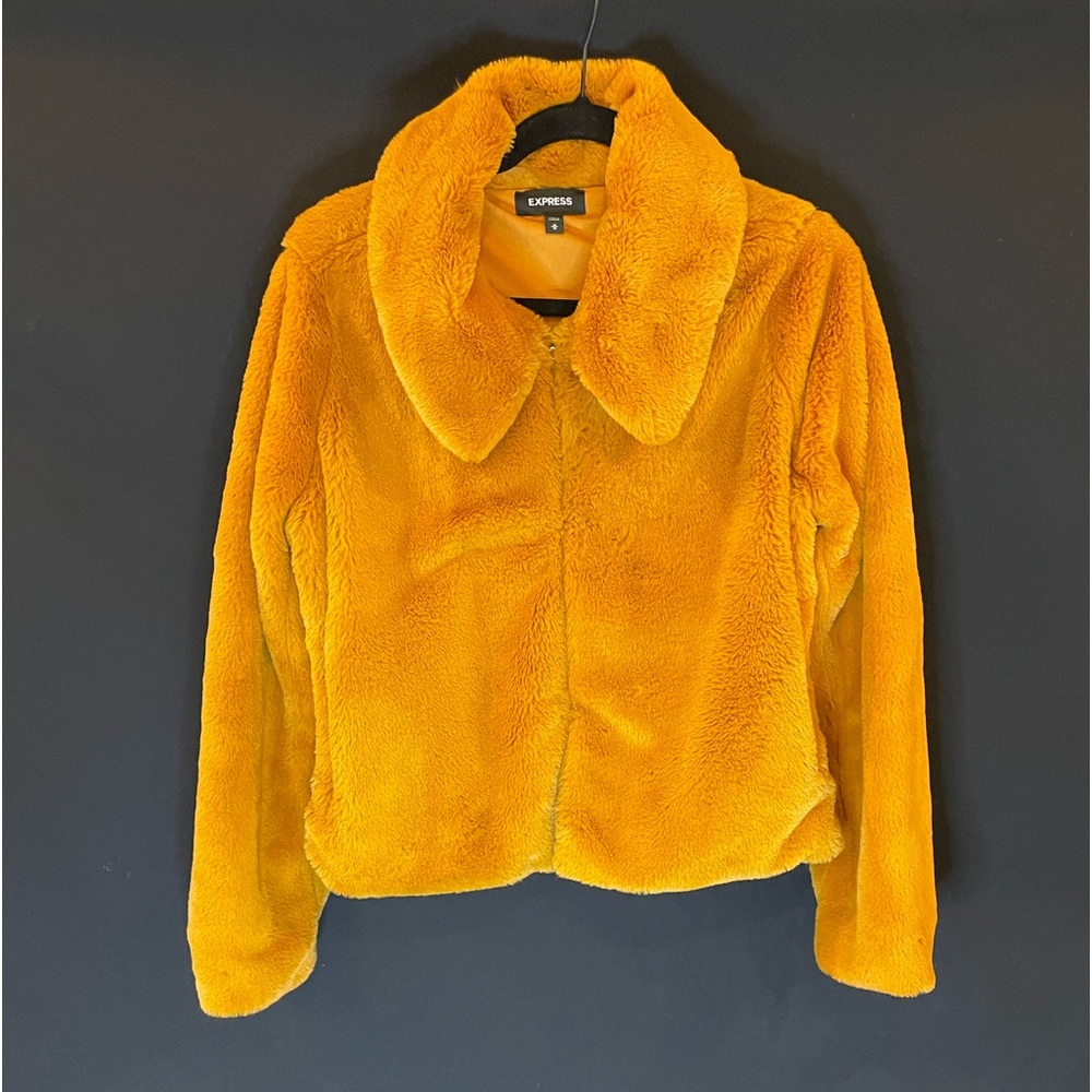 Express Mustard Yellow Fux Fur Waist Length Jacket . Size L